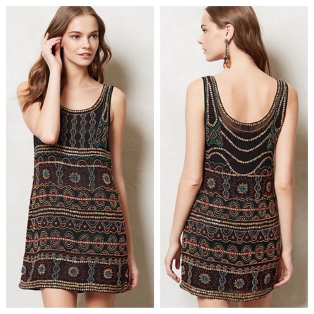 Anthropologie Kachel Beaded Shift Dress Boho Art Deco Sz 6